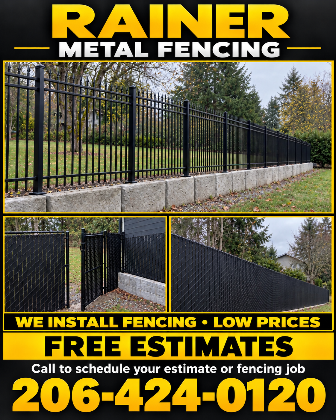 Black ornamental and chain-link fencing installed by Rainier Metal Fencing